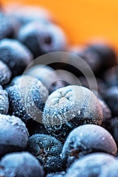 Frozen aronia chokeberry berries in a bowl