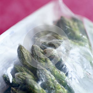 Frozen asparagus in a plastic bag