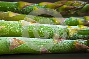 Frozen asparagus stems on dark background closeup