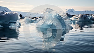 Frozen beauty in nature arctic landscape, snow covered mountains reflecting in tranquil glacier lagoon generated by AI
