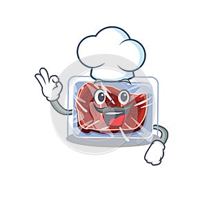 Frozen beef chef cartoon design style wearing white hat