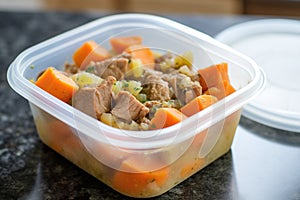 frozen beef stew portion, in a plastic container, ready to heat