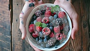 frozen berries, black currant, red currant, raspberry, blueberry. top view in a vintage ceramic white bowl on rustic wooden table