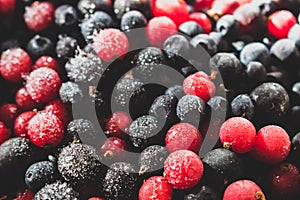 Frozen berries. Frozen blueberry, black currant and red currant. Preserved food. Natural antioxidant. Summer vitamin. Healthy food