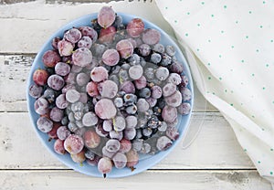 Frozen berries fruits background in ceramic plate close up.Fruits with frost. on vintage white wooden planks, blank space for text