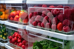 Frozen berries and healthy vegetables in plastic containers on the freezer shelves in refrigerator