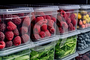 Frozen berries and healthy vegetables in plastic containers on the freezer shelves in refrigerator