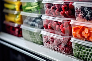 Frozen berries and healthy vegetables in plastic containers on the freezer shelves in refrigerator at home