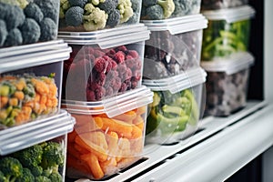 Frozen berries and healthy vegetables are stored in reusable box containers on freezer shelves of refrigerator at home