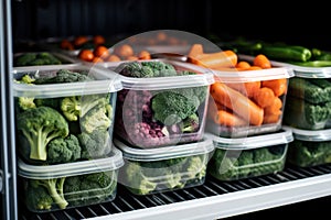 Frozen berries and healthy vegetables are stored in reusable box containers on freezer shelves of refrigerator at home