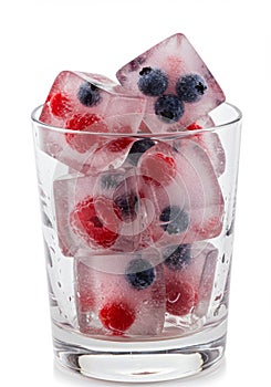 Frozen Berries in Ice Cubes in Glass