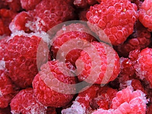 Frozen berries. Top view. Raspberries background, copy space.