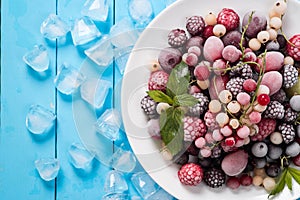 Frozen berry on turquoise background top view