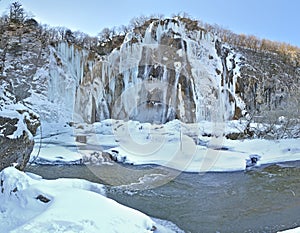 Frozen Big waterfall in Plitvicka Jezera, Croatia