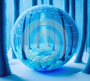 Frozen Bluish Fantasy Forest with Portal Sphere, Generative AI Illustration