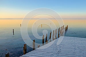 Frozen boat dock on a lake