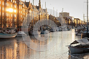 Frozen boats and ships canal in Christianshavn - Copenhagen Denmark