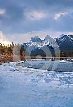 Frozen Bow River And Winter Mountains