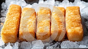 Frozen breaded fish fingers on ice