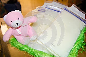 Frozen breast milk in storage bags in the basket, with soft toy pink teddy bear