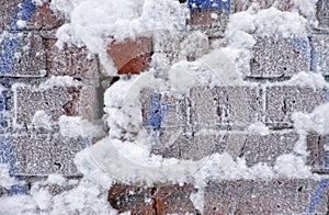 Frozen brick wall covered by hoarfrost
