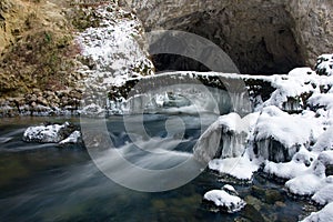 A frozen bridge over river Rak, Slovenia