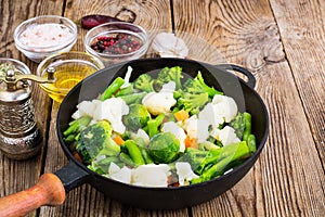 Frozen broccoli, brussels and cauliflower in frying pan