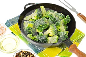 Frozen broccoli cabbage inflorescences in frying pan