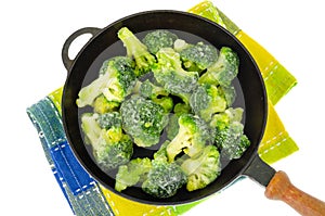 Frozen broccoli cabbage inflorescences in frying pan