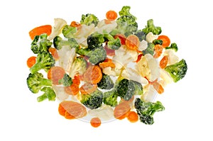 Frozen broccoli, cauliflower, carrots on white background