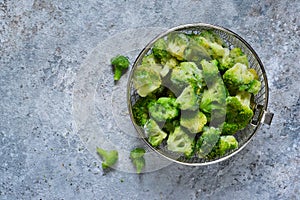 Frozen broccoli on a concrete background with space for text, healthy diet food.