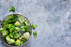 Frozen broccoli on a concrete background with space for text, healthy diet food.