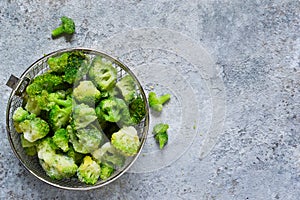 Frozen broccoli on a concrete background with space for text, healthy diet food. view from above
