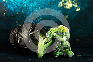 Frozen broccoli head inside vintage bowl