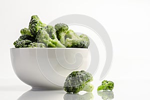 Frozen Broccoli Isolated on a White Background in white bowl