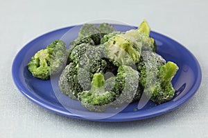 Frozen broccoli on a purple plate