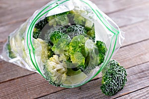 Frozen broccoli spilled out of a plastic bag on wooden table