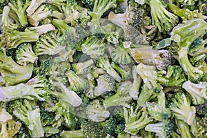 Frozen broccoli in a supermarket. Top view, background