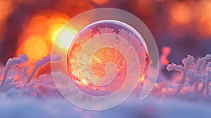 Frozen Bubble During Winter Sunrise with Frosty Leaf Patterns on Snow