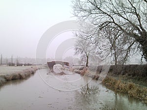 Frozen canal water in winter