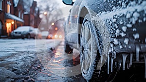 Frozen Car on City Street After Glaze: Urban Winter Scene