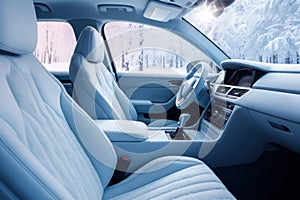 Frozen car interior. Driving in winter season. Generative AI