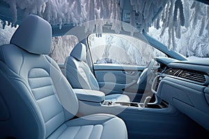 Frozen car interior. Driving in winter season. Generative AI