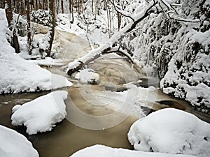 Frozen cascade, waterfall, icy twigs and icy boulders in frozen foam of rapid stream. Winter creek. Extreme freeze.