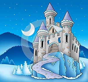 Frozen castle in winter landscape
