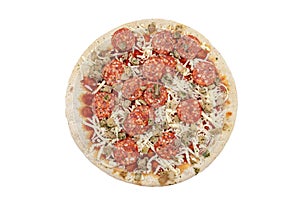 A frozen Chorizo â€‹â€‹pizza isolated on a white background