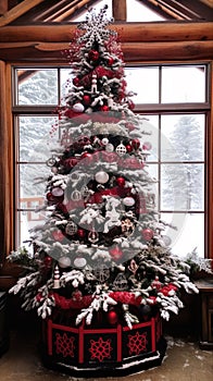 A frozen christmas tree all decorated front of a cabin covered in snow, AI