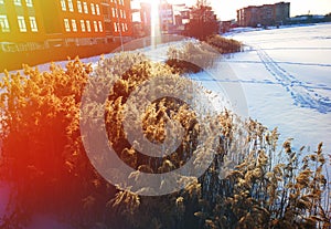 Frozen city pond during dramatic sunset backdrop