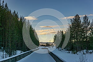 Frozen city river. winter in the Urals