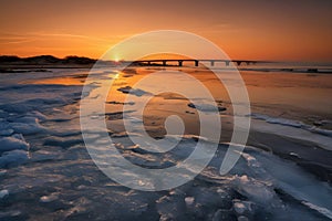 Frozen Coastal Landscape With Ice And Bridge At Dramatic Sunset